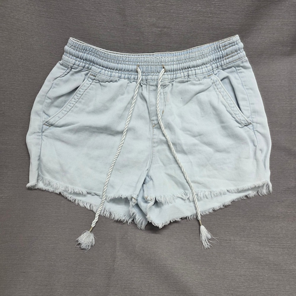Loft Light Wash Linen Blend Smocked Waist Drawstring Tassel Denim Shorts Small